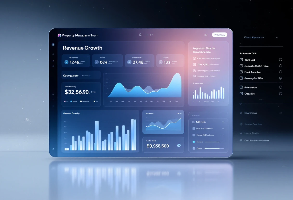 A sleek dashboard displaying a property management team's revenue growth alongside automated task lists, showcasing a seamless integration of technology in property management.