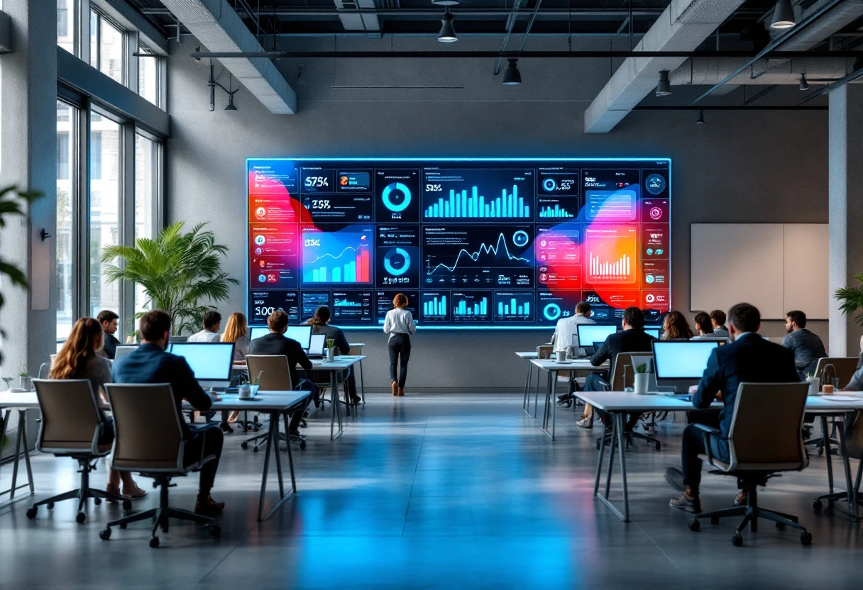 A vibrant and modern office setting with an AI interface displaying incoming calls and SMS interactions in real-time, emphasizing customer engagement.