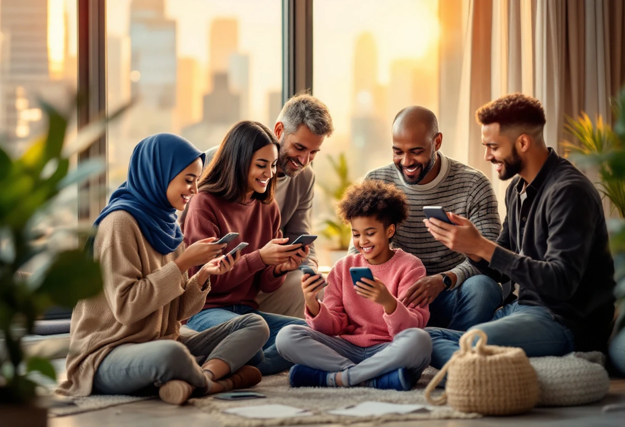 An image showing a diverse group of customers happily making secure phone payments during an online transaction, symbolizing modern payment security.