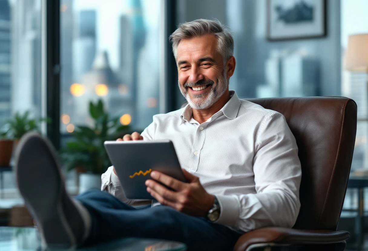 A business owner happily reviewing analytics on a tablet, showing an increase in sales leads after implementing secure payment systems.