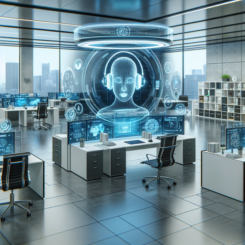 A professional-looking virtual receptionist setup, featuring an office environment with AI-driven tools
