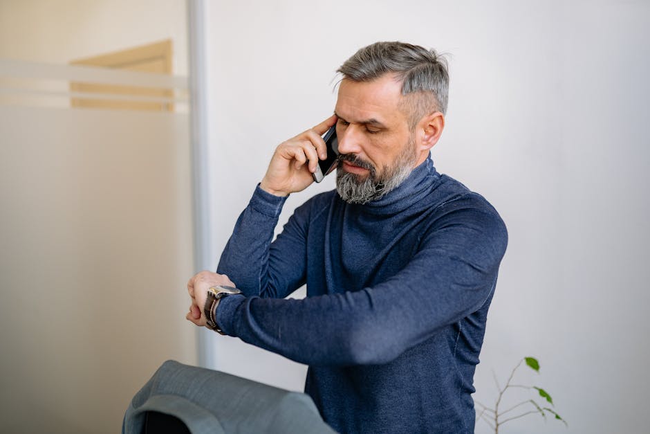 A modern office environment with a phone integrated with AI, showcasing a business professional scheduling appointments effortlessly.