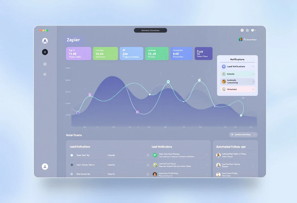 A dashboard displaying a Zapier integration overview with graphs, lead notifications, and automated follow-up tasks.