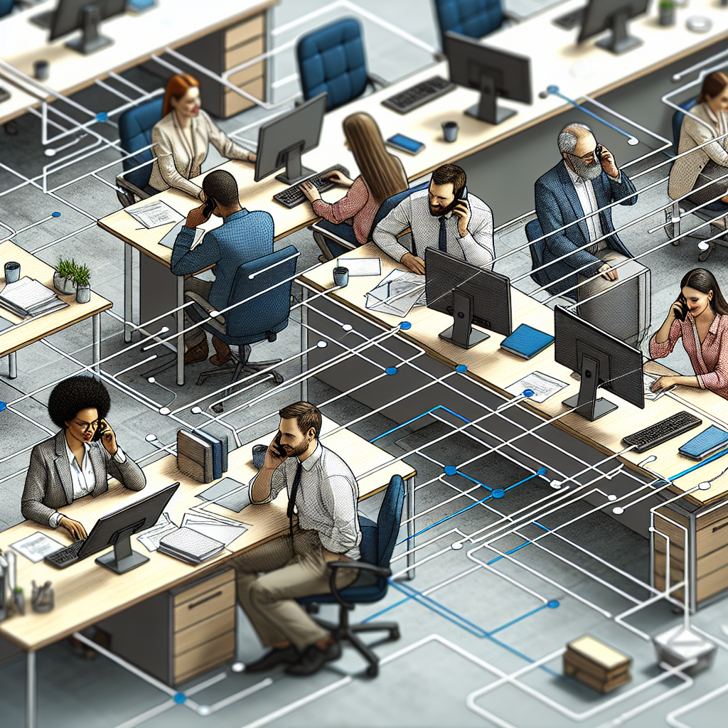 A bustling office environment with employees engaged in phone conversations, highlighting the importance of connectivity.