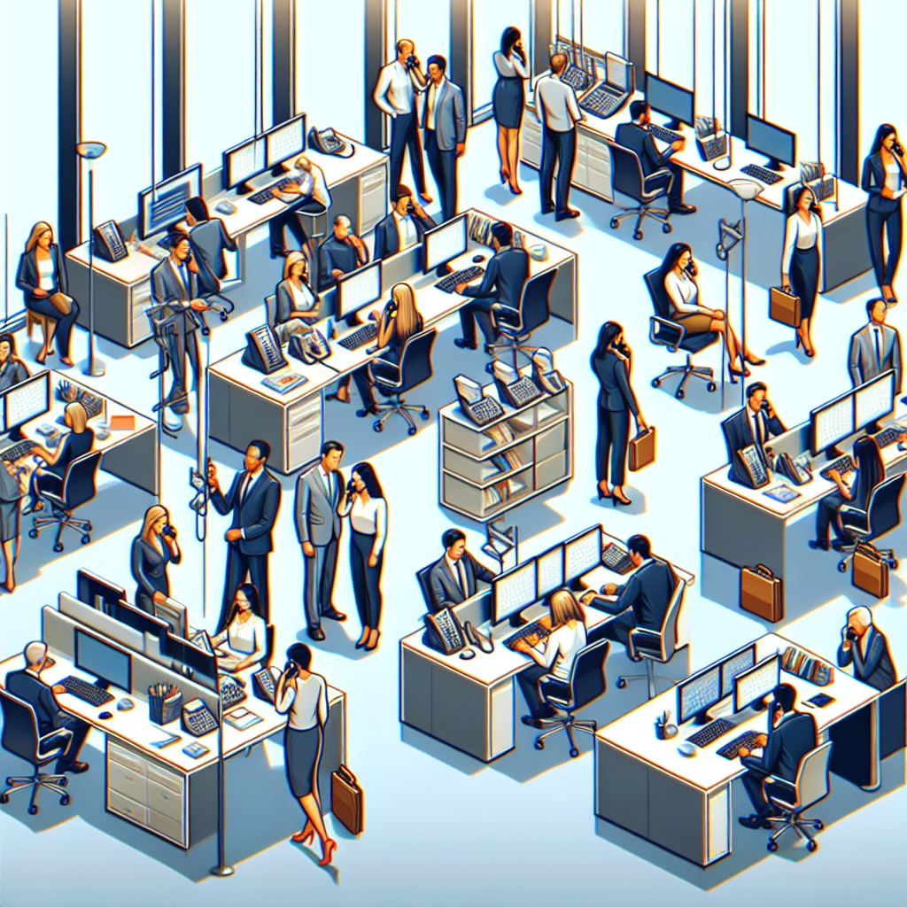 A bustling office environment showcasing employees communicating seamlessly through modern phone systems.