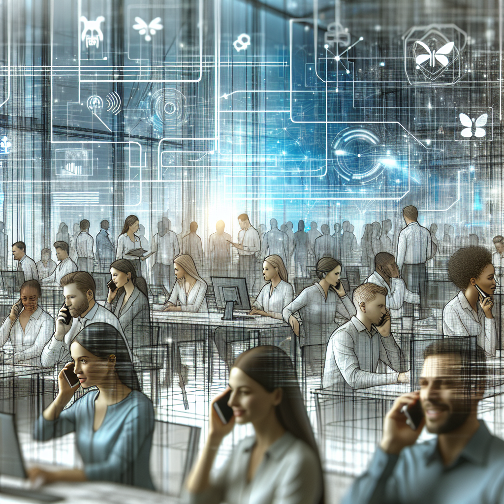 A dynamic office environment where employees are communicating seamlessly over phones, with a digital overlay showing AI tools enhancing connectivity.