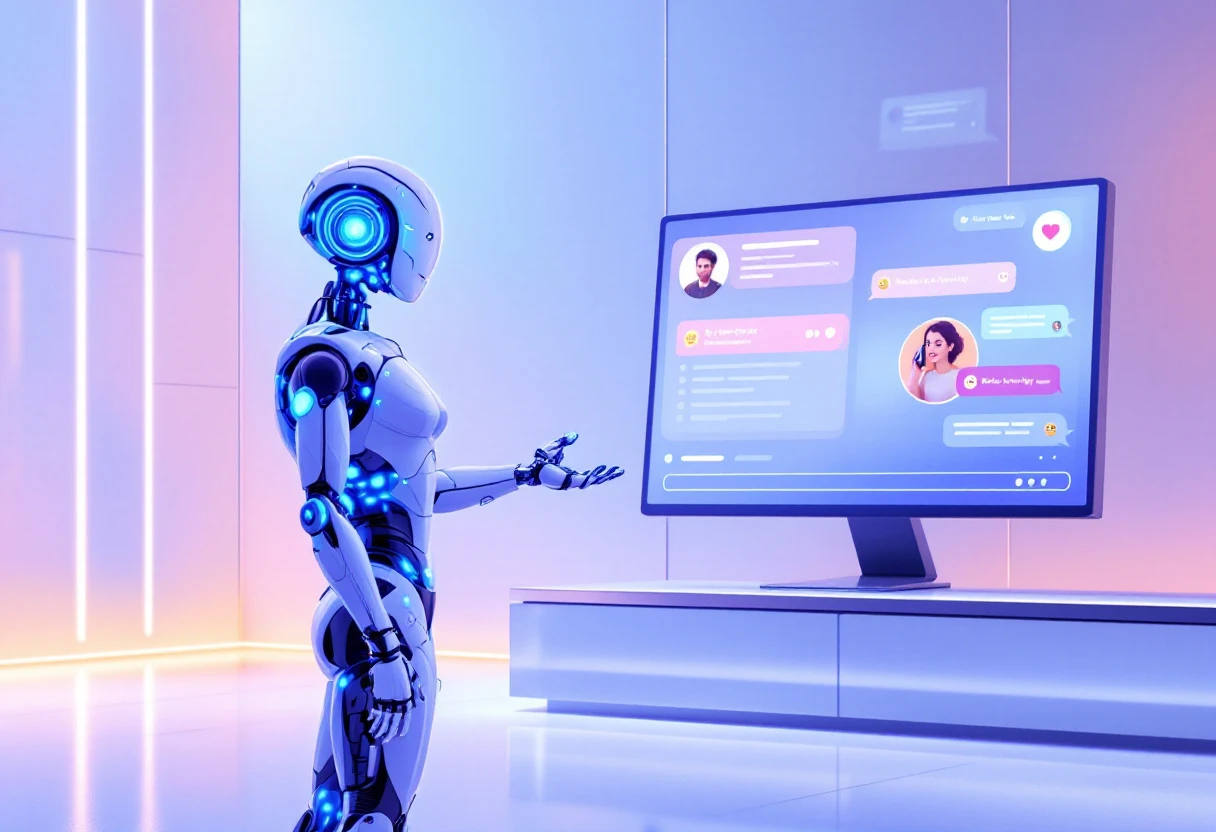 Illustration of a friendly AI receptionist interacting with customers on a phone and a computer, symbolizing efficient customer communication.