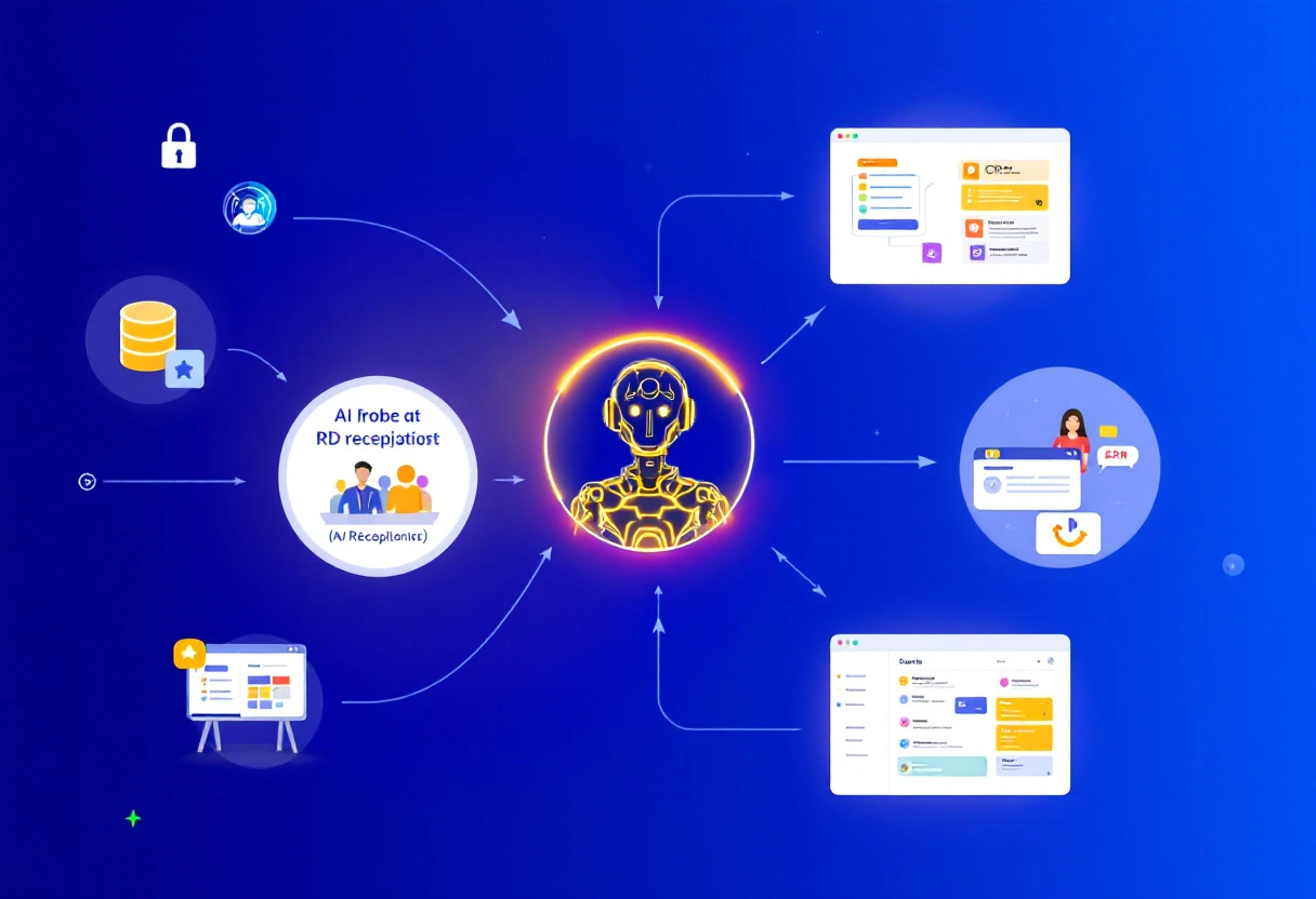 Visual representation showing a flowchart of how the AI receptionist integrates with various business systems, illustrating seamless communication and efficiency.