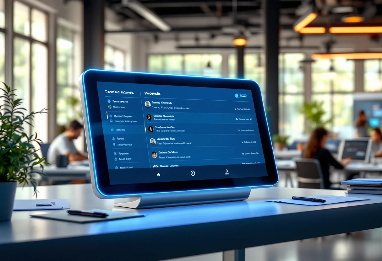 A sleek digital phone interface displaying transcribed voicemails with timestamps and contact information, background showcasing a modern office setting.