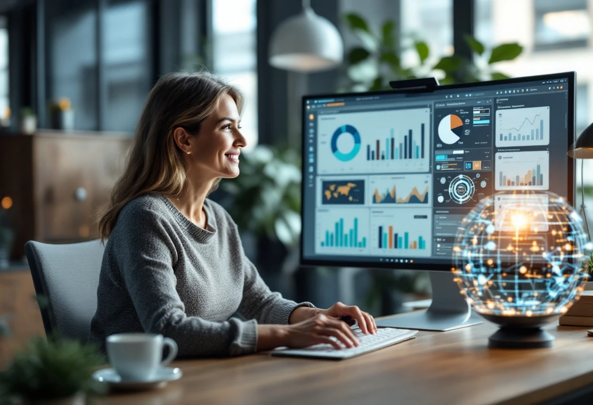 Visual of a financial advisor engaging with an AI system while viewing a client's profile on a screen, illustrating the integration of technology in client management.