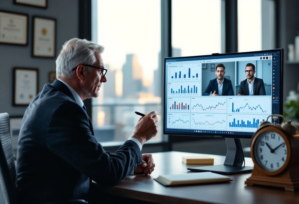 A financial advisor engaged in a video call with a client, analyzing performance metrics displayed on a screen.
