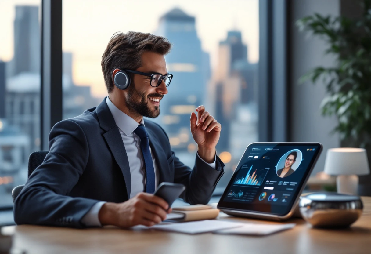 An engaging visual depicting a financial advisor interacting with a client via an AI-driven phone system, highlighting the seamless communication and personalization in the process.