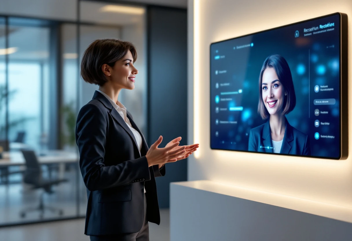 A modern office setting featuring a business professional interacting with an AI receptionist interface, showcasing seamless technology integration.