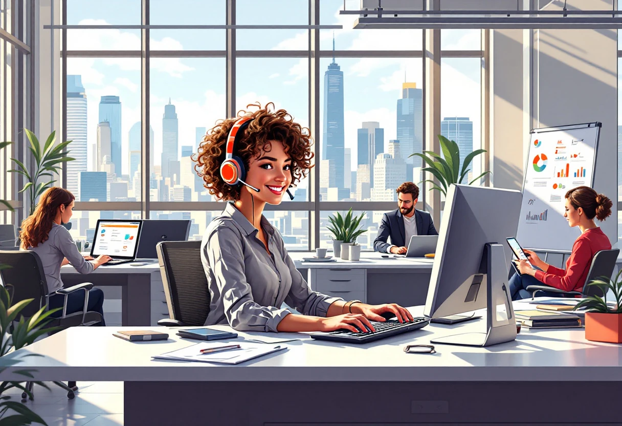 A graphic illustrating a busy office with a virtual receptionist managing multiple calls while a team focuses on their tasks.