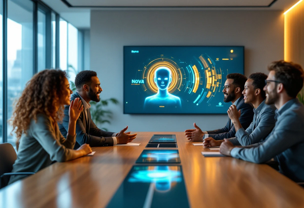 A busy office environment showing a team engaging with an AI-powered receptionist interface, portraying efficiency and seamless communication.