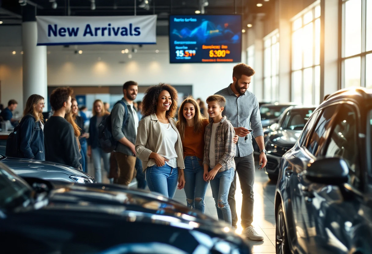 A lively dealership scene showcasing customers engaging with staff while scheduling test drives, highlighting the interaction and excitement.