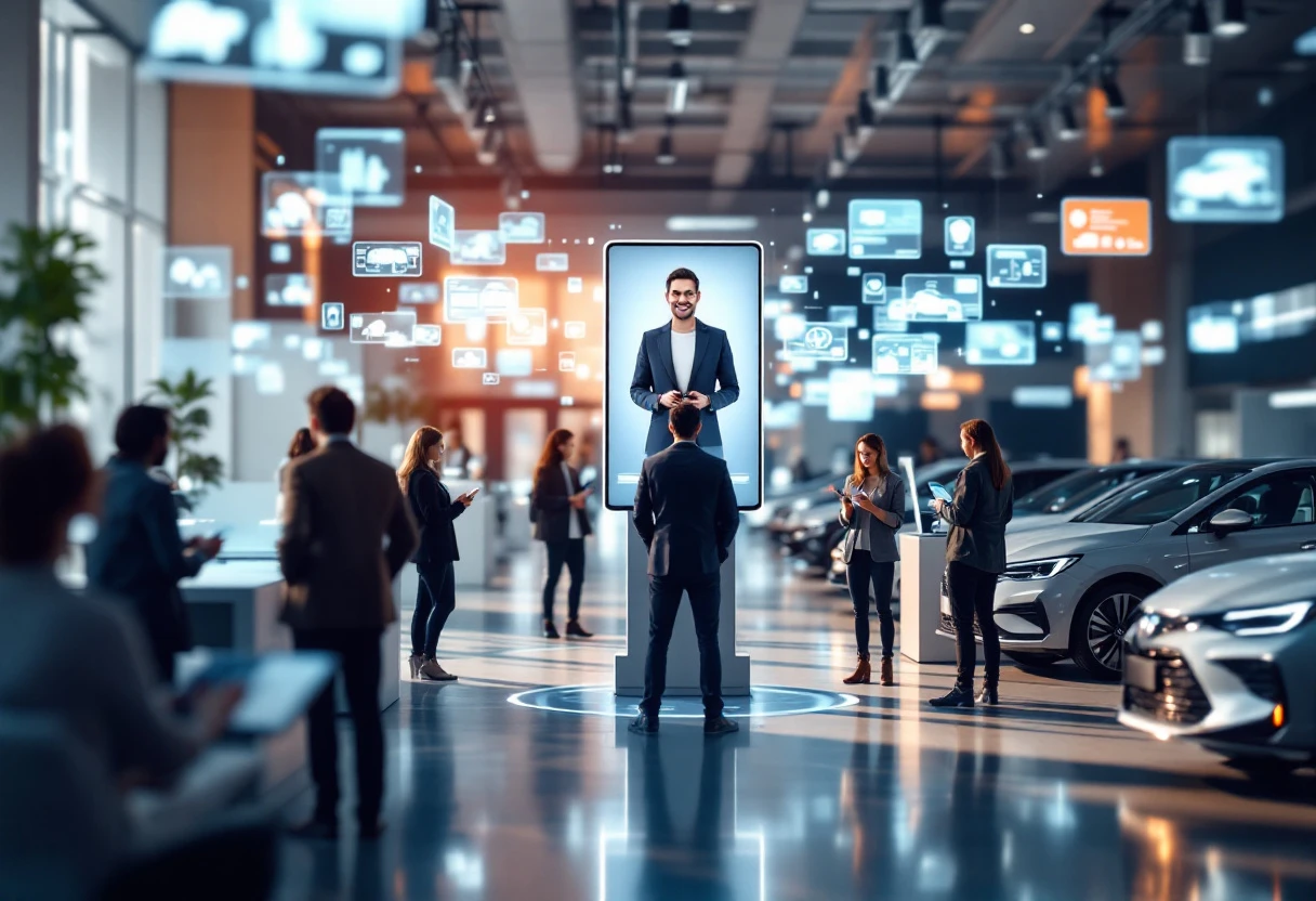 Visual representation of an AI system interacting with customers – showcasing a busy dealership atmosphere with people scheduling test drives via mobile and desktop interfaces.