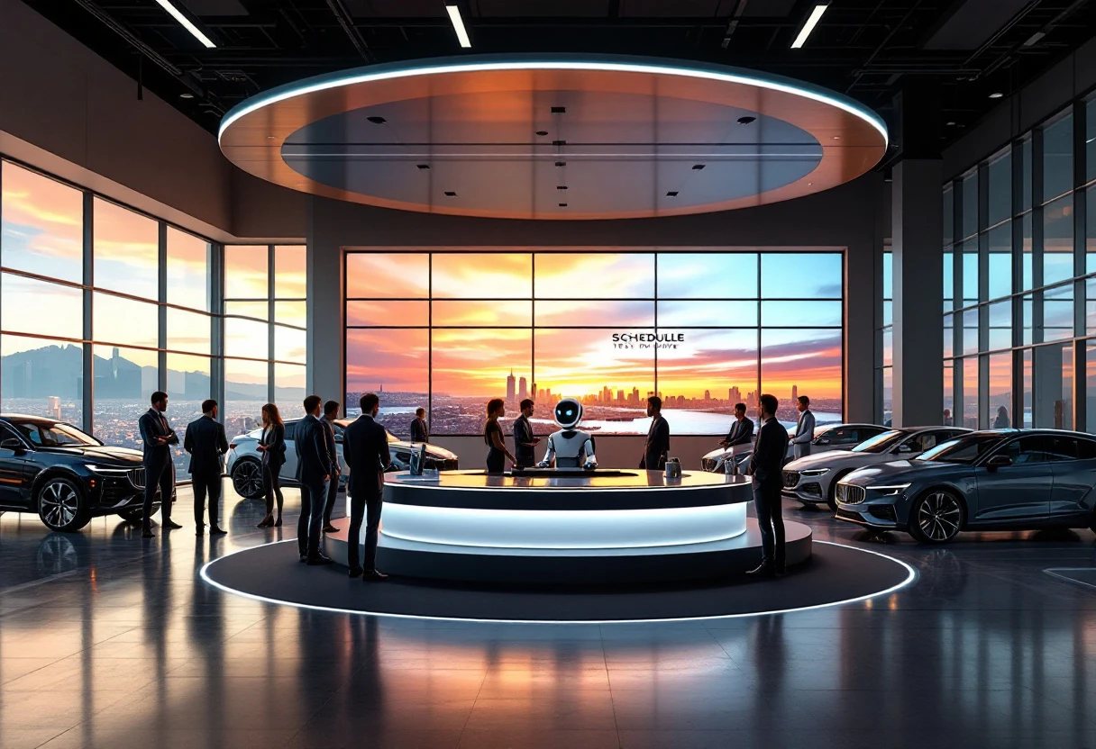An image showing a modern dealership service area with customers interacting with friendly AI systems for scheduling test drives.
