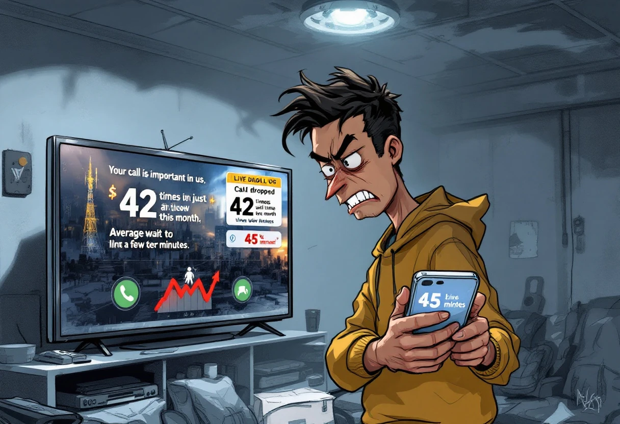 An image depicting a smartphone with a frustrated customer on hold, along with visual statistics showing call drop rates.