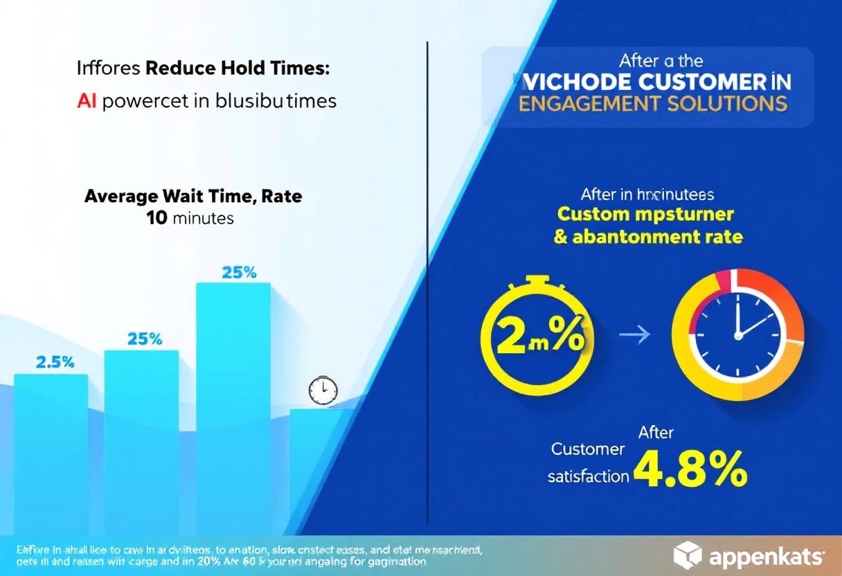 A dynamic graphic showing customer engagement stats before and after implementing AI solutions for reduced hold times in businesses.