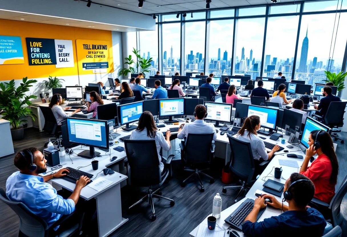 A bustling call center with representatives engaging directly with clients on multiple screens, showcasing the dynamic nature of unlimited calls.