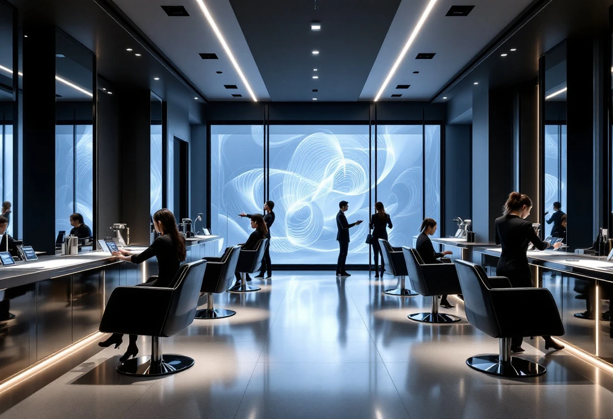 A creative and modern salon environment with clients receiving services, demonstrating the integration of technology and personalized care.
