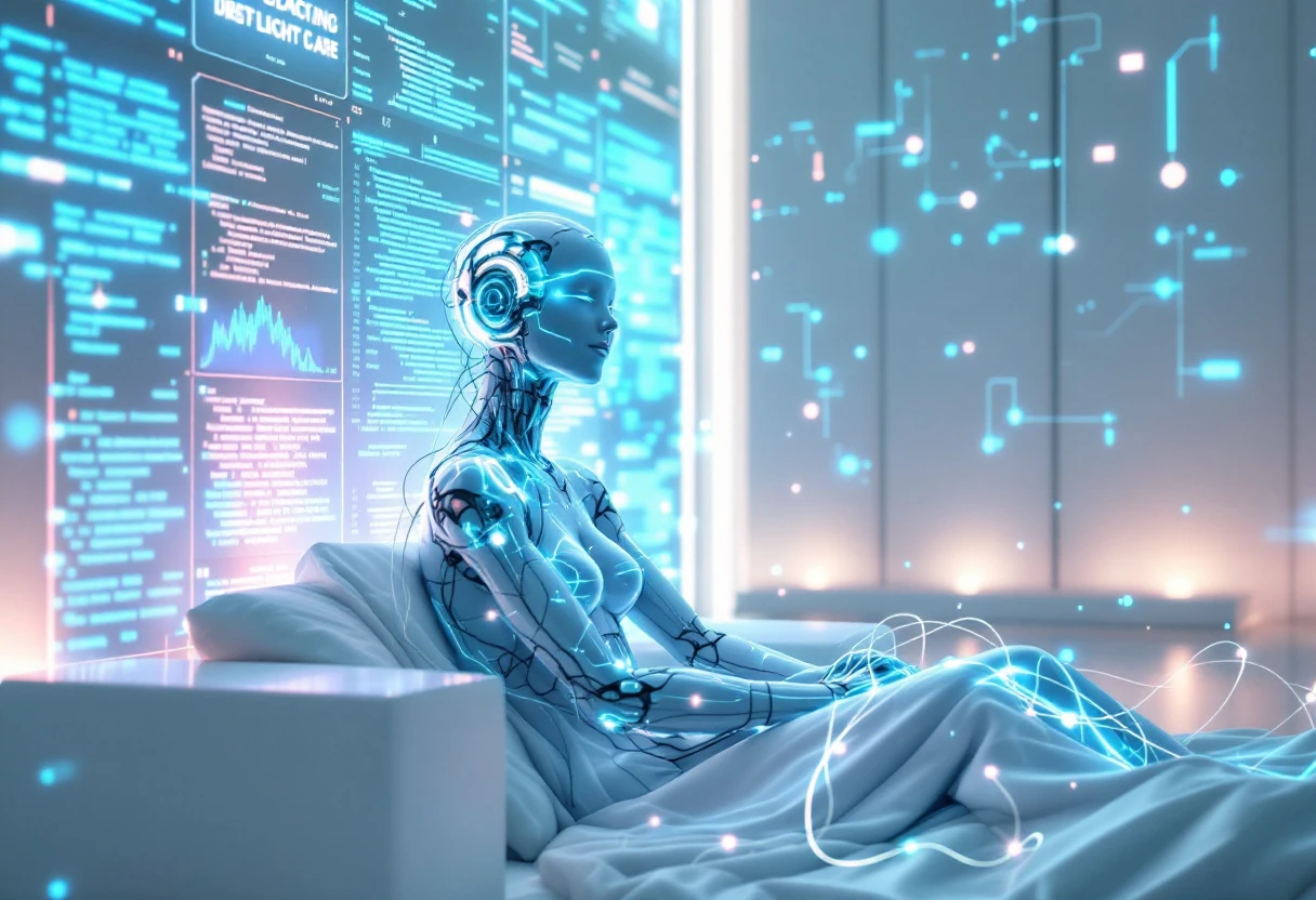 An abstract representation of seamless data flow, showcasing digital connections and patient interaction in a healthcare setting.