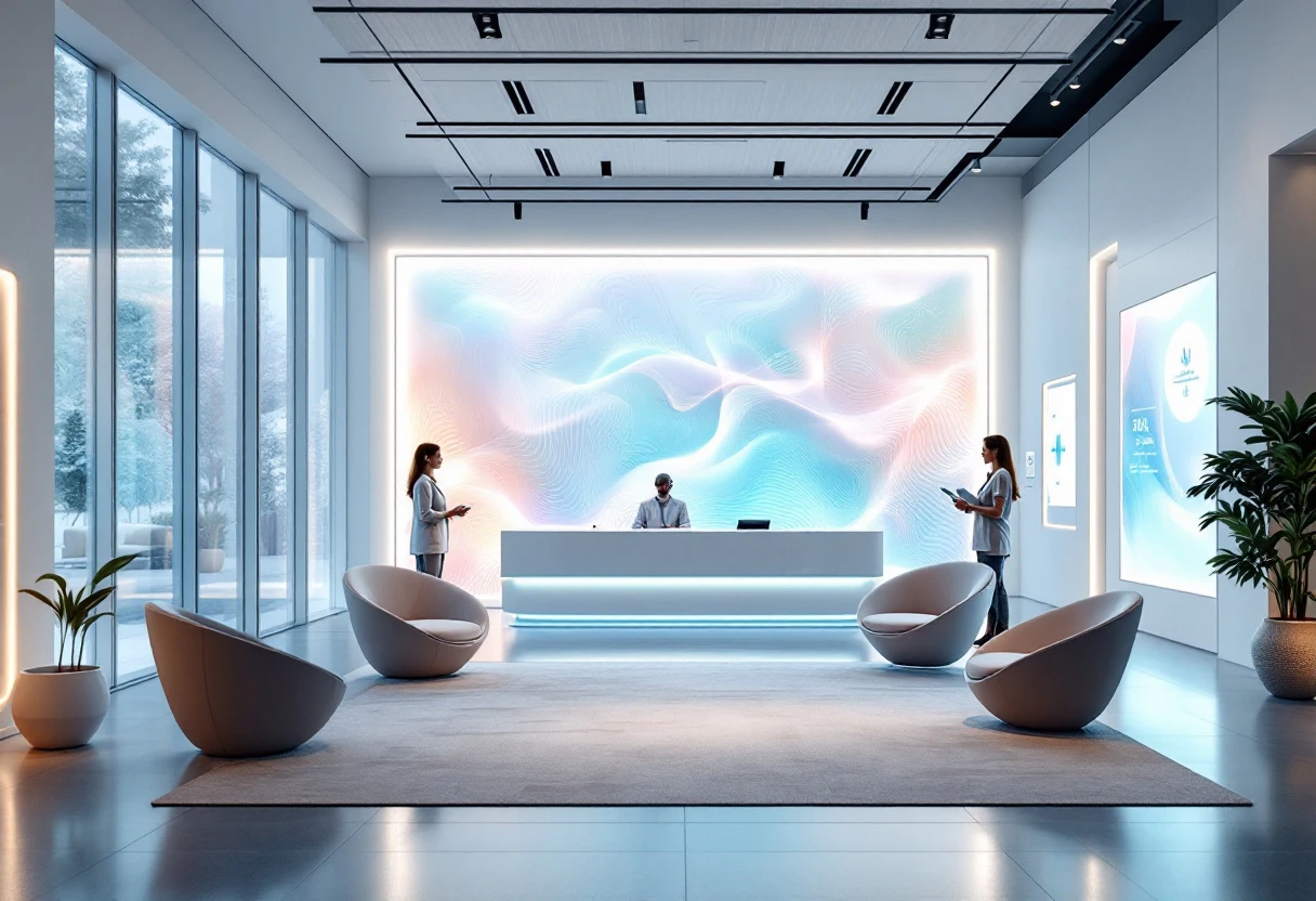 A futuristic medical office reception area featuring AI interaction on screens, showcasing smooth, efficient patient check-in processes.