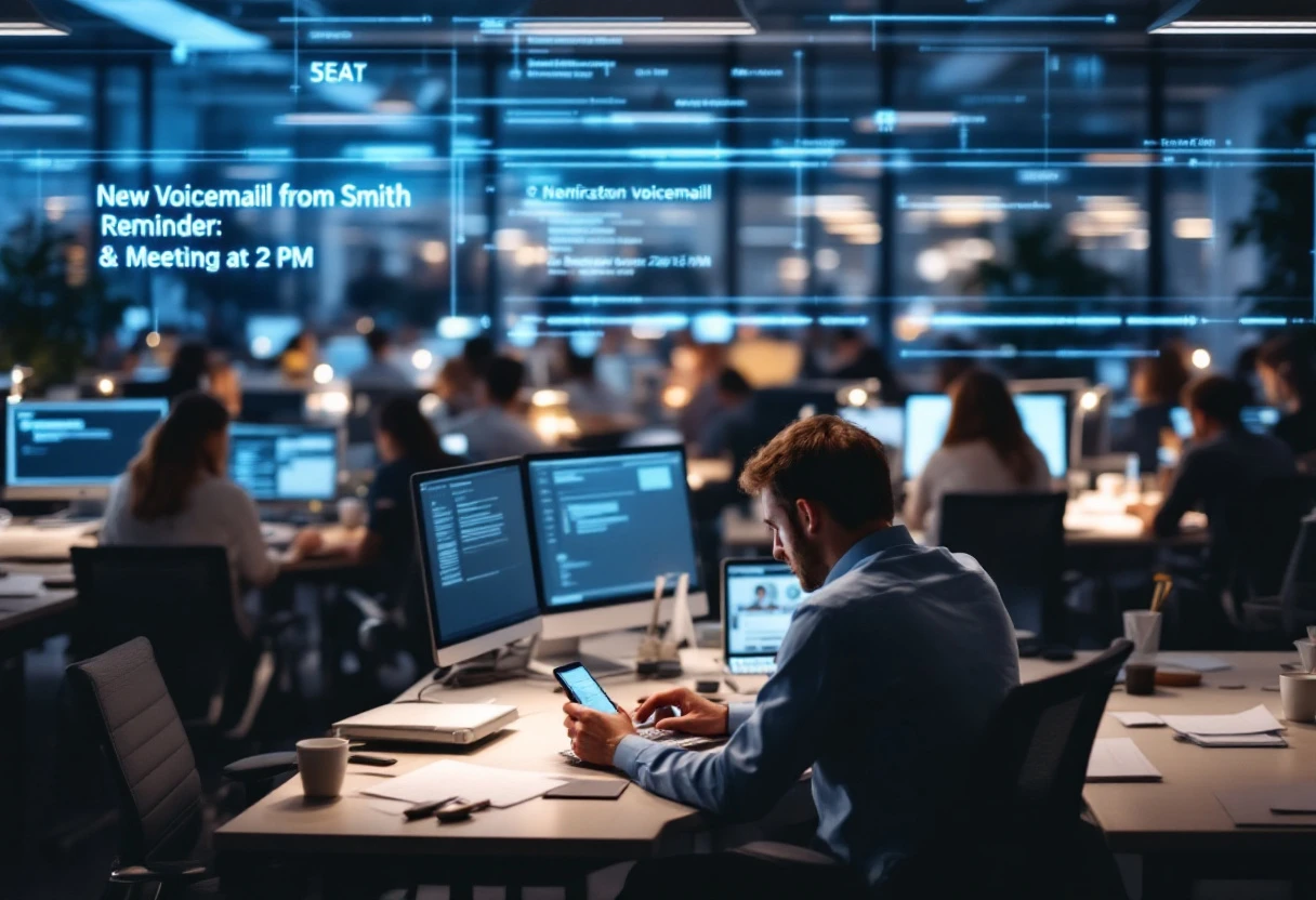 Image depicting a busy office environment where team members are engaging with a digital interface displaying voicemail transcriptions and notifications.