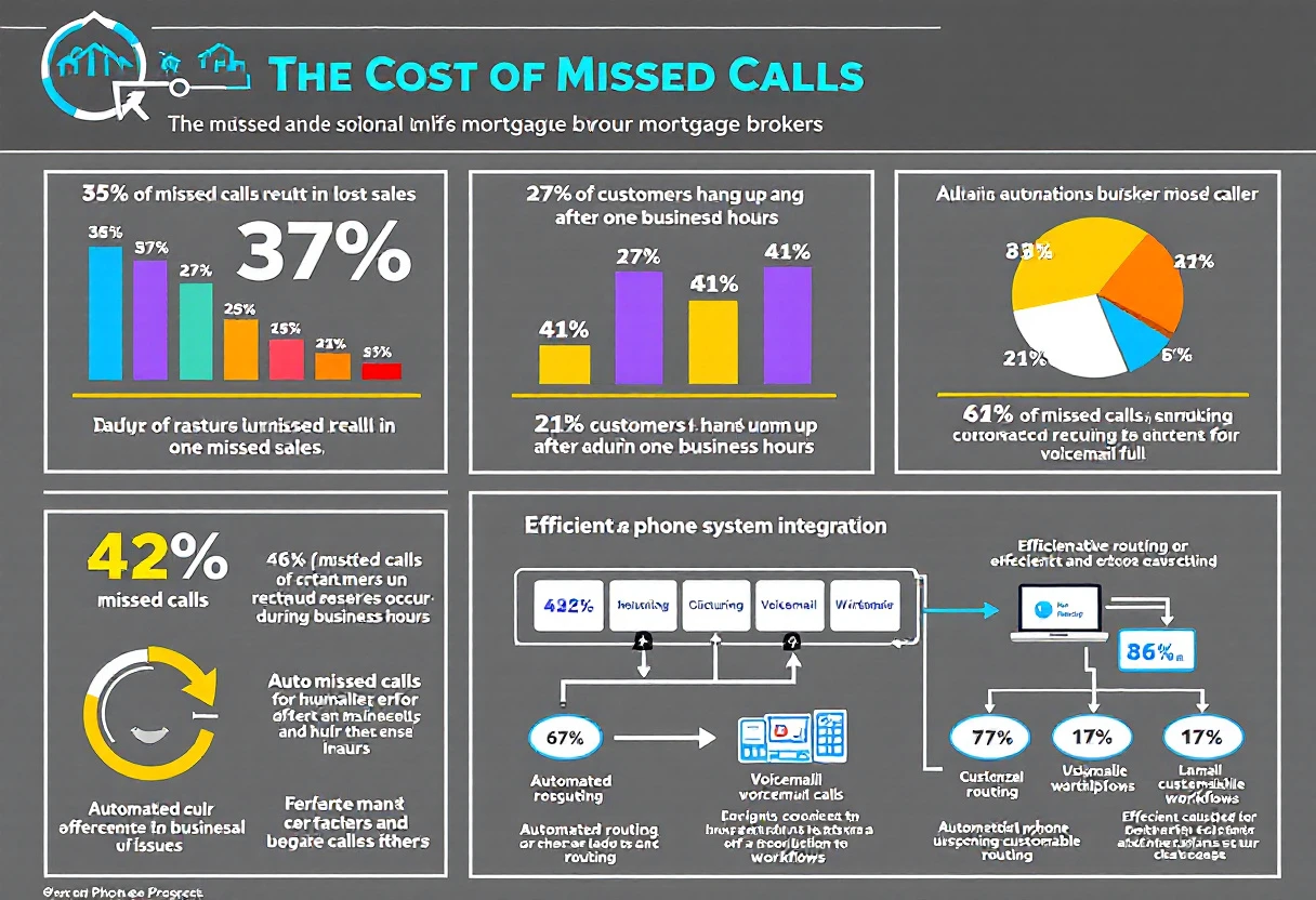 An infographic showing statistics on missed calls and their impact on sales for mortgage brokers, alongside a diagram of an efficient phone system integration.