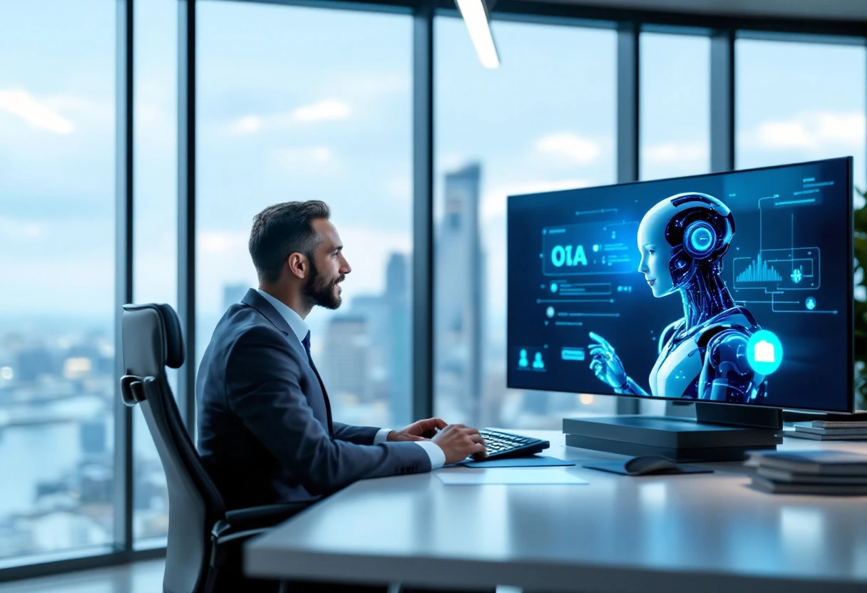 A modern office setting showcasing a mortgage broker on a call with an AI virtual assistant helping in real-time.