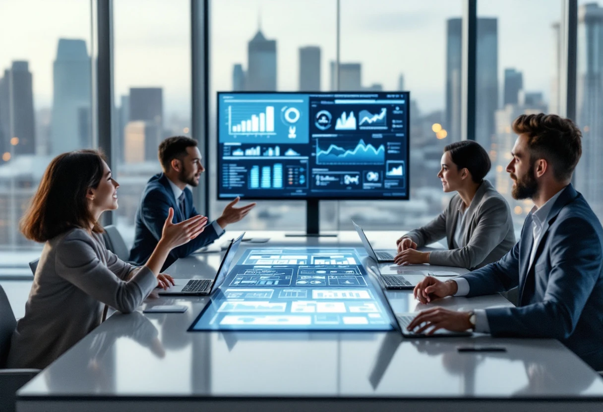 A team of mortgage brokers discussing lead management strategies, enhanced by AI technology, framed by a modern office setting.