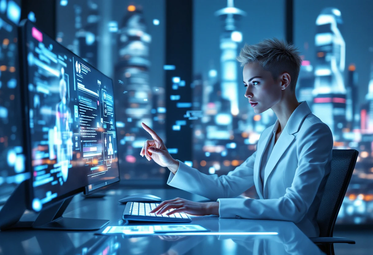 An engaging visual of an AI receptionist assisting multiple clients on a digital interface while maintaining organized information.