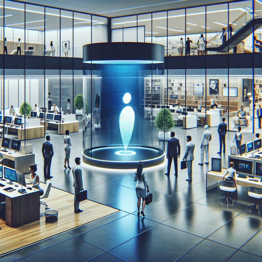 Visual representation of a modern office with virtual receptionist technology at work.