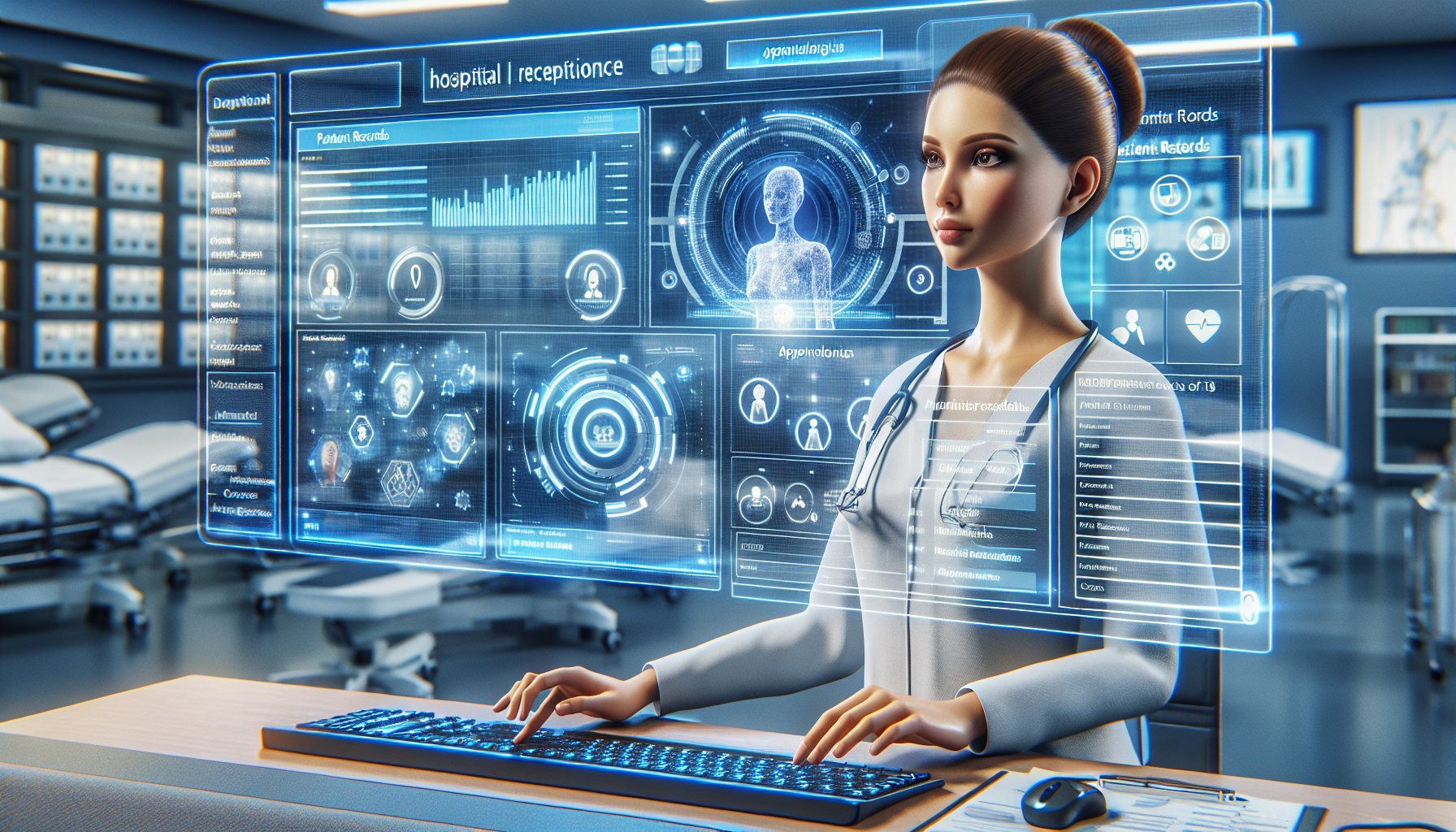 An image illustrating a humanoid AI receptionist interacting with hospital management software.