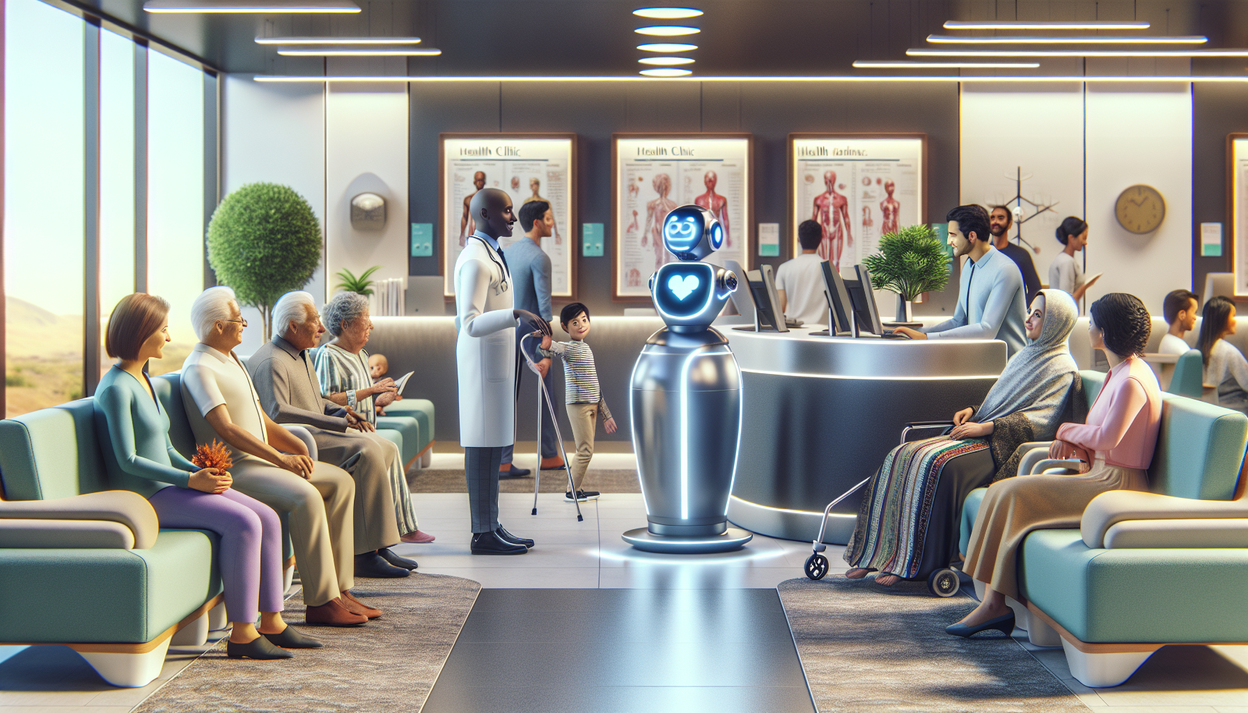 A graphical representation of an AI receptionist interacting with patients