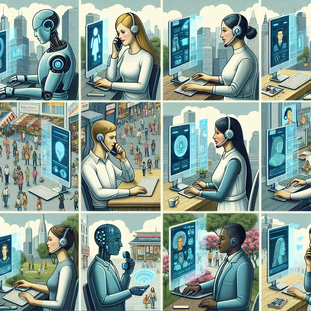 A collage of diverse customer interactions featuring AI-based phone receptionists communicating with clients in different environments.