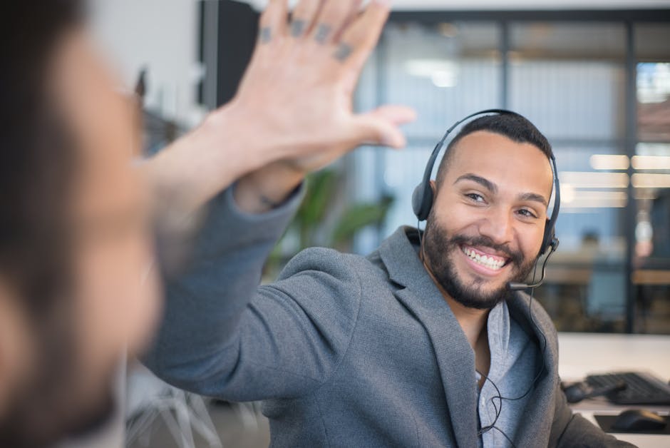 A dynamic office environment with AI elements, illustrating engagement between a virtual receptionist and happy customers.