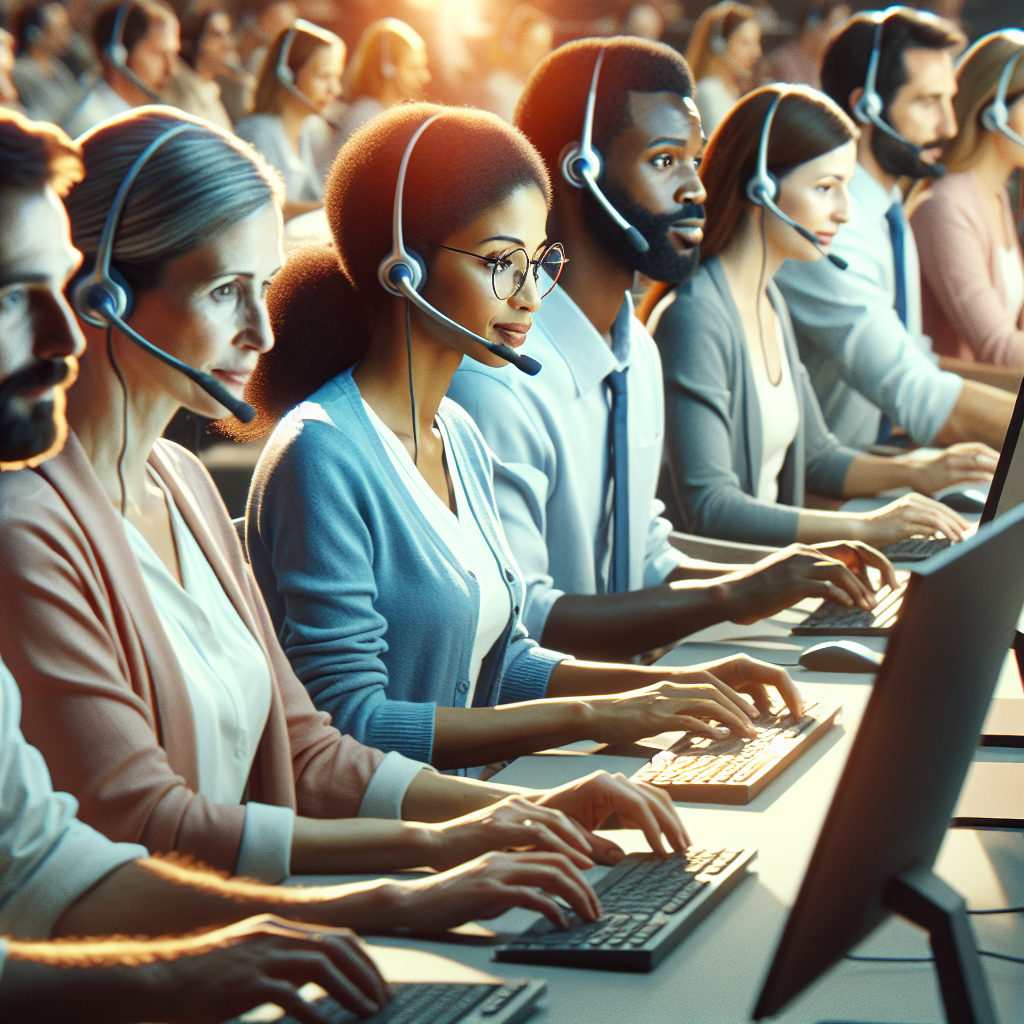 A team of customer service representatives working in a busy call center, with an AI-based software on their screens.