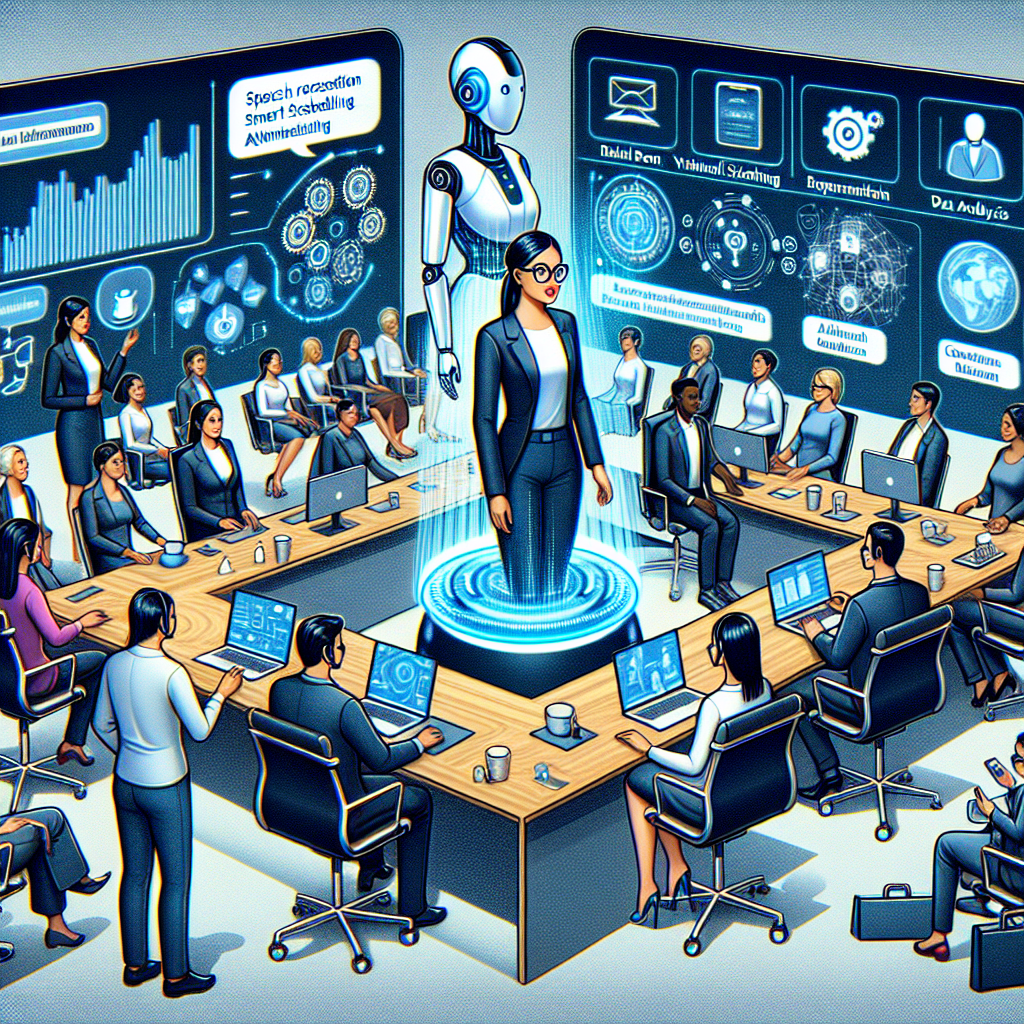 An illustrated image of an AI-assisted conference system, bustling with different features and activities.