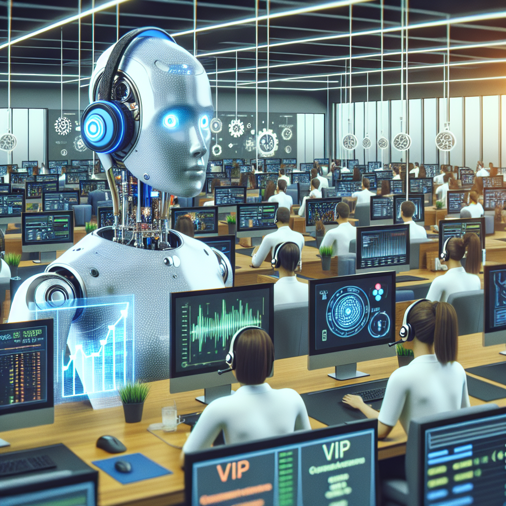 An illustrative image of AI working in a call center scenario, showing prioritized calls and queues with VIP branding.