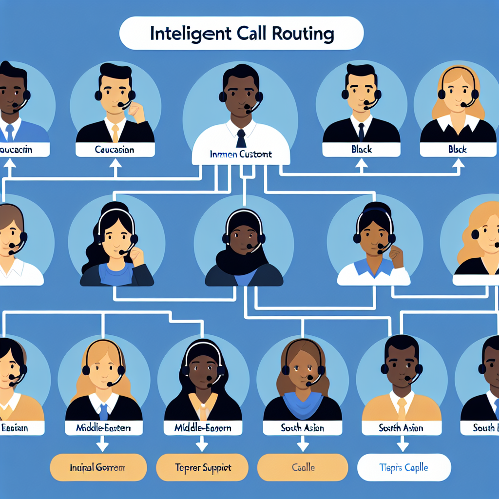 An illustration showcasing the Intelligent Call Routing process where incoming calls from different customers are being efficiently routed to different support tiers based on their needs.
