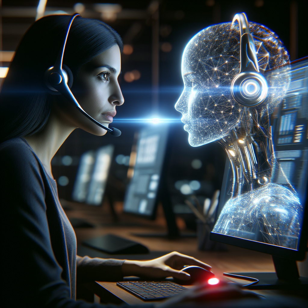 An image depicting a call center agent receiving information from an AI-backed call whispering system.