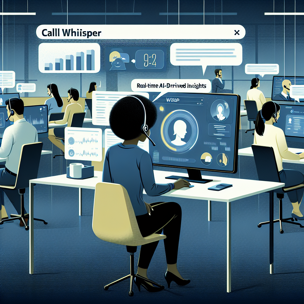 A representation of a Call Whisper System, showing AI-driven insights being relayed to a customer service agent in real-time