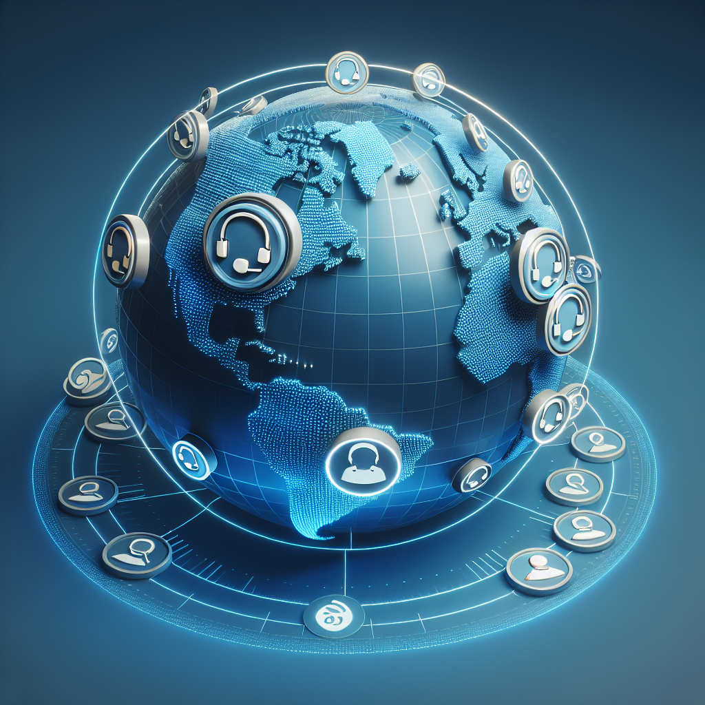 An image showing a digital globe with various call center icons located at different points, depicting global locations