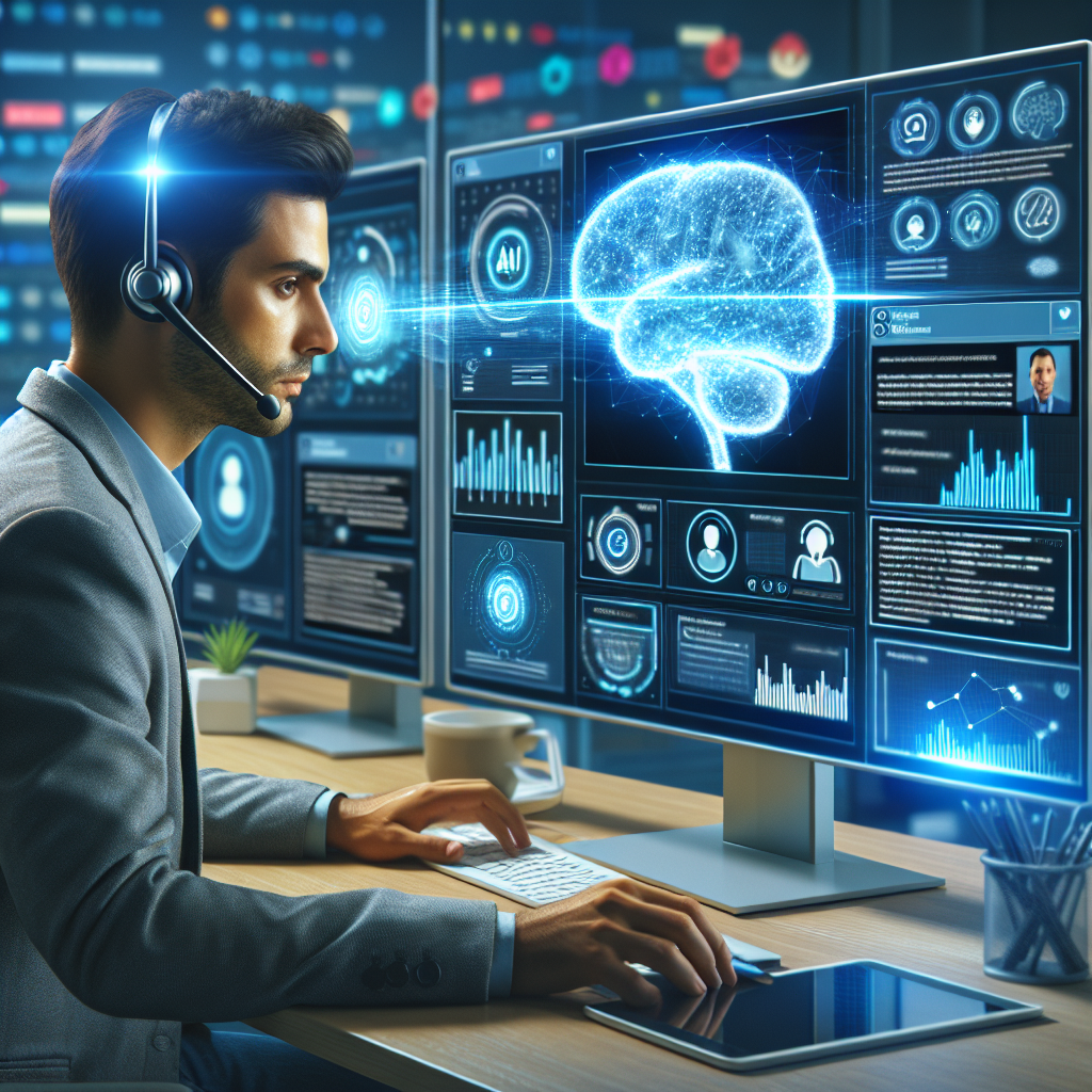 A graphic showing a call center agent using AI-powered tools to detect and resolve customer service issues in real-time