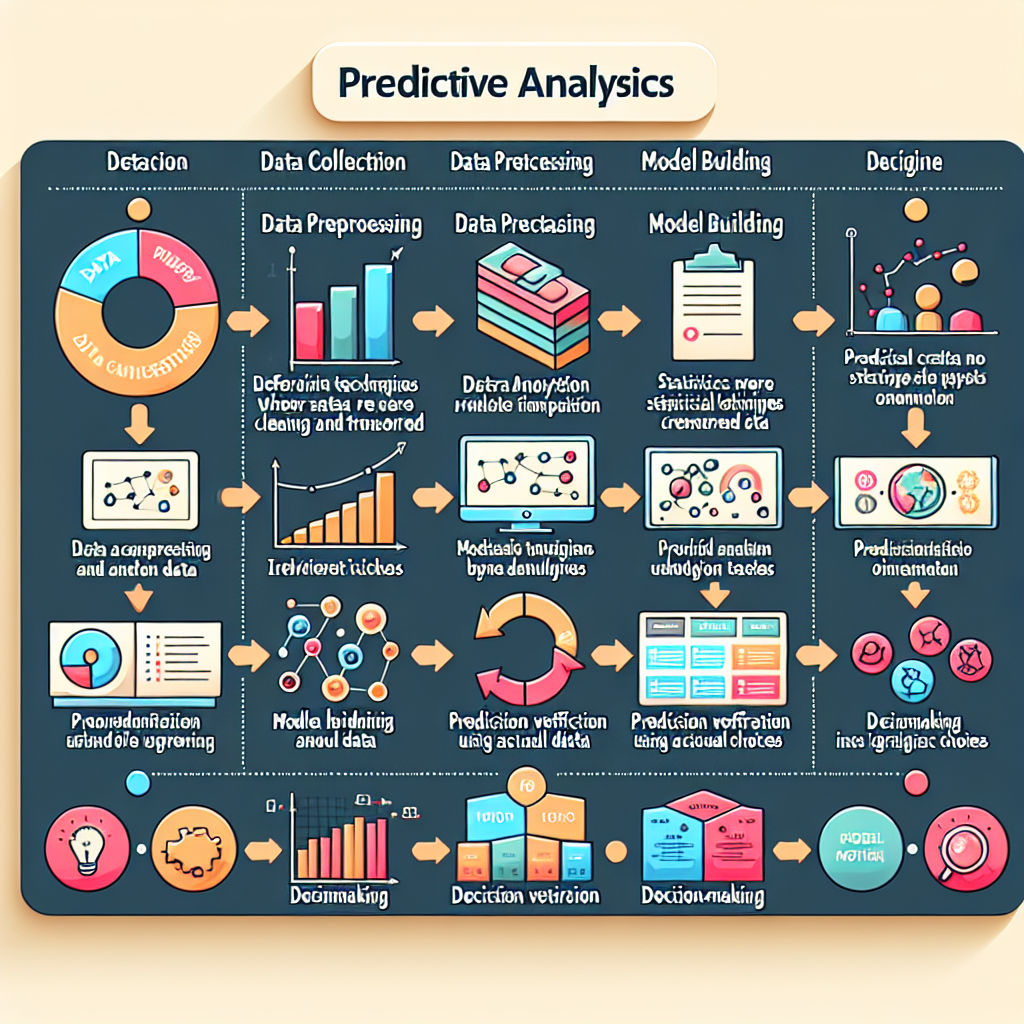 An infographic showing the process of predictive analytics from data collection to prediction and decision-making