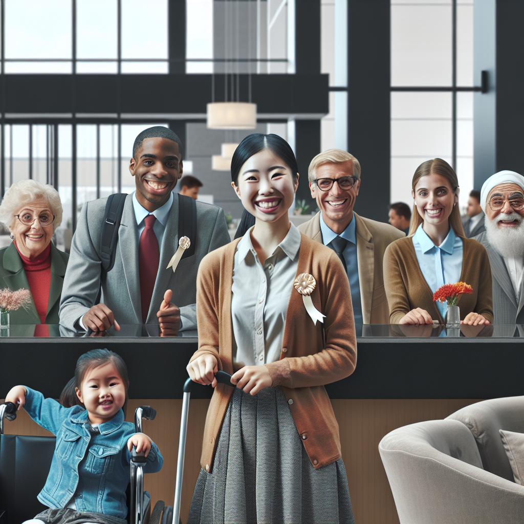 A friendly front desk staff member warmly greeting a diverse group of customers.
