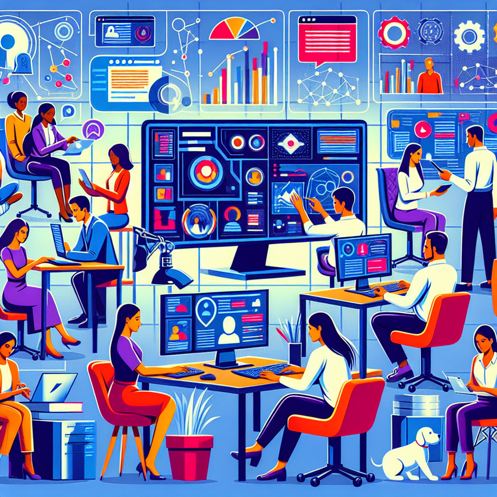 A vibrant illustration depicting various AI tools being utilized in an office setup, showcasing diverse professionals collaborating with technology to enhance SEO strategies.