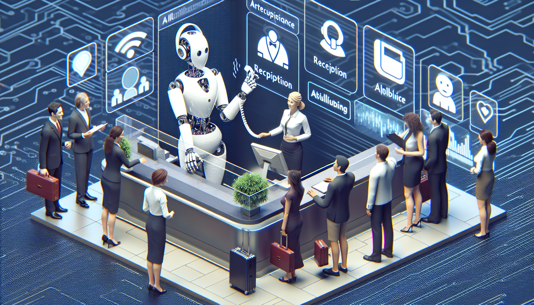 An image illustrating a white label AI receptionist in action, possibly a depiction of a computer or a robot answering calls and interacting with customers.